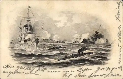 Künstler Litho Deutsche Kriegsschiffe, Manöver auf hoher See
