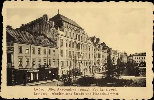 Ak Lwów Lemberg Ukraine, Akademische Straße und Handdelskammer