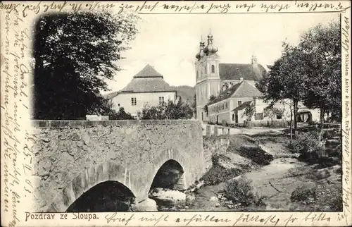 Ak Sloup Slaup Südmähren, Teilansicht mit Brücke und Kirche