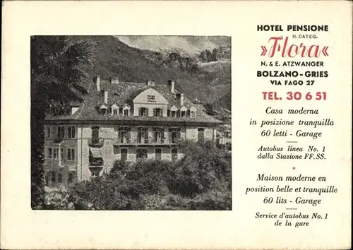 Ak Gries Bozen Bolzano Südtirol, Hotel Pensione Flora