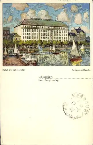 Künstler Ak Hamburg Mitte Altstadt, Neuer Jungfernstieg, Hotel Vier Jahreszeiten, Restaurant Haerlin