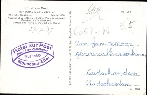 Ak Monschau Montjoie in der Eifel, Im Hotel Zur Post, Gastraum