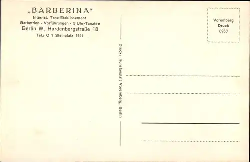 Ak Berlin Charlottenburg, Etablissement Barberina, Inh. Hermann Kornetzki, Hardenbergstraße 18