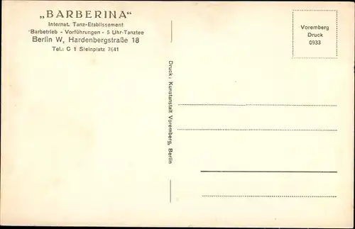 Ak Berlin Charlottenburg, Etablissement Barberina, Inh. Hermann Kornetzki, Hardenbergstraße 18