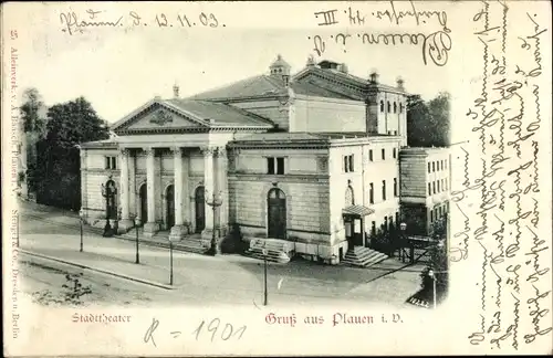 Ak Plauen im Vogtland, Stadttheater, Säulen, Frontansicht