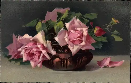 Künstler Ak Klein, Catharina, rosa Rosen in Vase