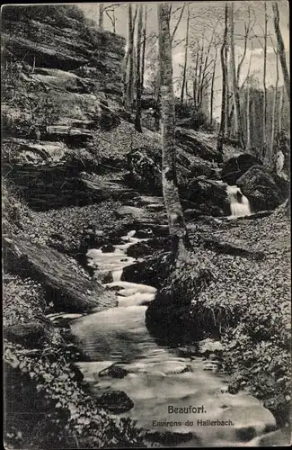 Ak Beaufort Befort Luxemburg, Environs du Hallerbach, Bachlauf im Wald, Felsen