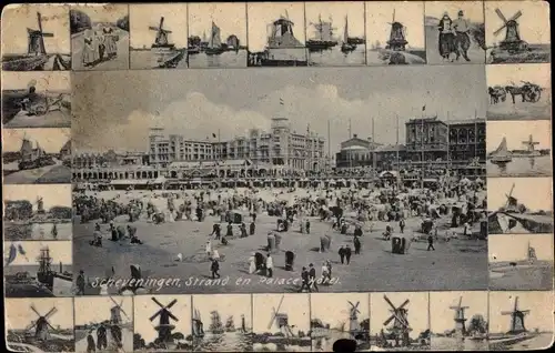 Ak Scheveningen Den Haag Südholland, Strand en Palace Hotel, Strandszene, Windmühlen