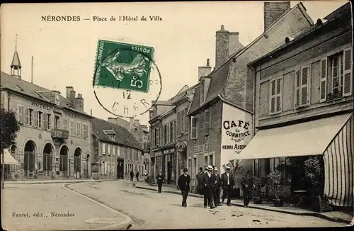 Ak Nérondes Cher, Place de l'Hôtel de Ville, Café de Commerce