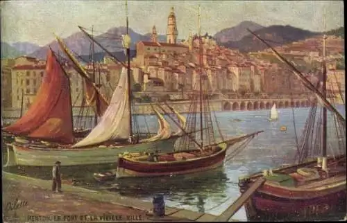 Künstler Ak Menton Alpes Maritimes, Le Port et la Vieille Ville