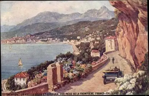 Künstler Ak Menton Alpes Maritimes, la Vieille Ville et Garavan, Grenze