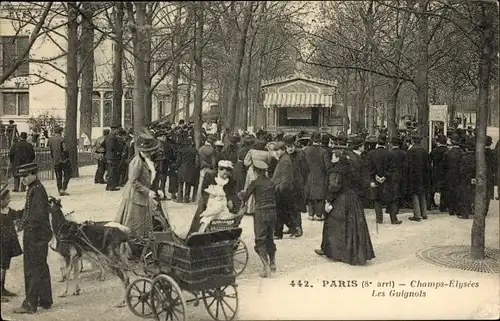Ak Paris VIII, Champs-Elysees, Les Guignols, Puppentheater, Ziegenkutsche