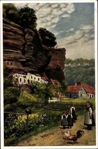 Künstler Ak Hoffmann, H., Graufthal Eschbourg Elsass Bas Rhin, Felsenwohnungen, Kinder
