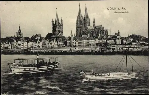 Ak Köln am Rhein, Gesamtansicht vom Rhein aus gesehen, Dom, Dampfschiff