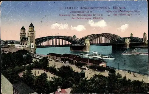 Ak Köln am Rhein, Hohenzollernbrücke, Südseite, Schiffe, Straßenbahn