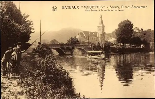 Ak Dinant Wallonien Namur, L'Eglise et le Pont St. Jean, Kirche, Brücke, Angler