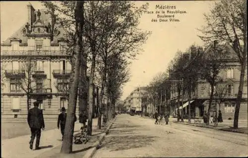 Ak Charleville Mézières Ardennes, Place de la Republique, Boulevard des Deux Villes