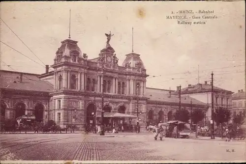 Ak Mainz am Rhein, Bahnhof, Kutschen, Straßenszene