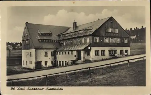 Ak Mühlleithen Klingenthal im Vogtland Sachsen, HO-Hotel Buschhaus, Außenansicht