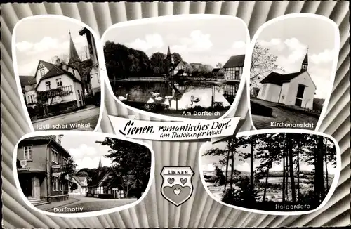 Ak Lienen im Teutoburger Wald Tecklenburger Land, Kirche, Dorfteich, Dorfmotiv, Holperdorp