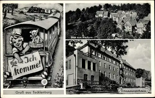 Ak Tecklenburg in Westfalen, Genesungsheim, Blick zum Wierturm, Eisenbahn, Mädchen, Hund