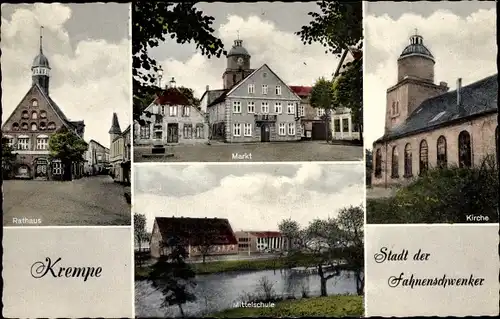 Ak Krempe in Holstein, Stadt der Fahnenschwenker, Rathaus, Kirche, Markt, Mittelschule