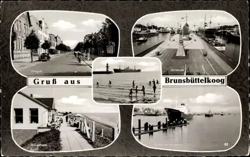 Ak Brunsbüttelkoog Brunsbüttel in Dithmarschen, Moogstraße, Schleuse, Anleger mit Schiff