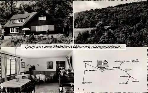 Ak Ohlenbach Schmallenberg im Sauerland, Waldhaus Ohlenbach, Außenansicht, Wald, Innenraum