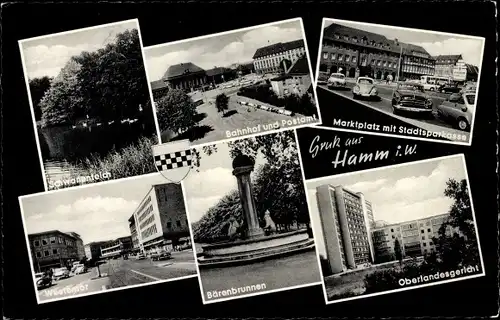 Ak Hamm in Westfalen, Bahnhof, Marktplatz, Oberlandesgericht, Bärenbrunnen, Westentor, Schwanenteich