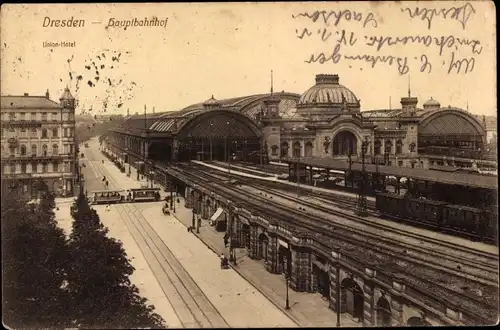 Ak Dresden, Hauptbahnhof, Union-Hotel, Straßenbahn, Schienen