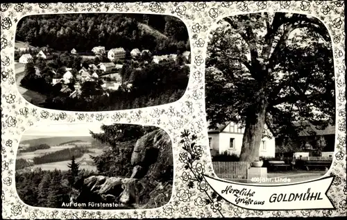 Ak Goldmühl Bad Berneck im Fichtelgebirge Bayern, 400-jähr. Linde, auf den Fürstenstein