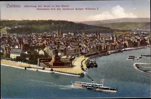 Ak Koblenz am Rhein, Mündung der Mosel in den Rhein, Deutsches Eck mit Denkmal Kaiser Wilhelm I