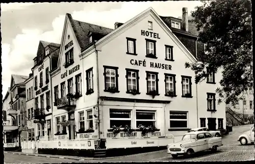 Ak St. Goar am Rhein, Hotel Cafe Hauser, Straßenansicht, Fahrzeuge