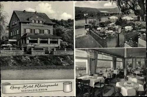 Ak Bad Salzig Boppard am Rhein, Berg-Hotel Rheinpracht, Außenansicht, Terrasse, Speisesaal