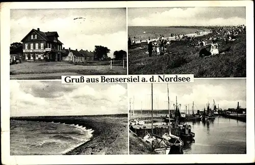 Ak Bensersiel Esens in Ostfriesland, Hotel Benserhof, Hafen, Schiffe, Strand