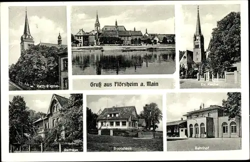 Ak Flörsheim am Main, Rathaus, Bootshaus, Bahnhof, Kath. Kirche, Ev. Kirche, Panorama über Fluss