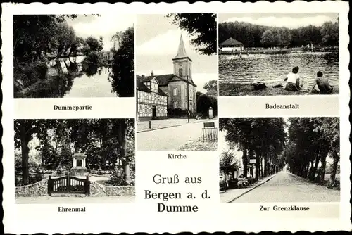 Ak Bergen an der Dumme Wendland, Badeanstalt, Dummepartie, Zur Grenzklause, Ehrenmal, Kirche