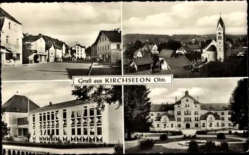 Ak Kirchseeon in Oberbayern, Straßenansicht, Kirchturm, Gebäude mit Park