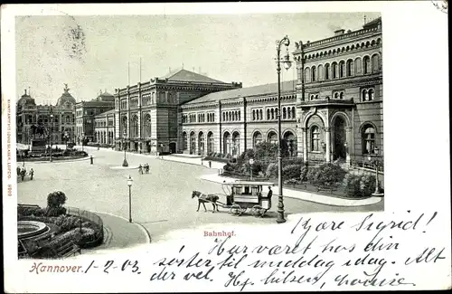 Ak Hannover in Niedersachsen, Bahnhof, Vorplatz, Pferdekutsche