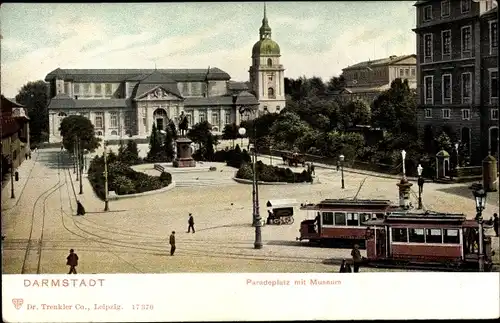 Ak Darmstadt in Hessen, Paradeplatz mit Museum, Turm, Straßenbahn