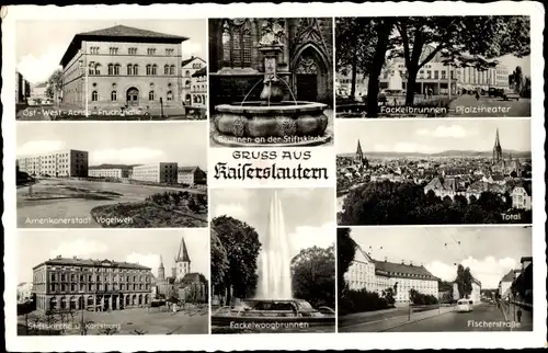 Ak Kaiserslautern in der Pfalz, Fackelbrunnen, Pfalztheater, Amerikanerstadt Vogelweh, Fischerstraße