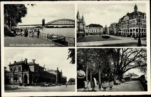 Ak Bonn am Rhein, Rheinpartie mit Dampfschifflandeplatz, Marktplatz, Hauptbahnhof, Am alten Zoll