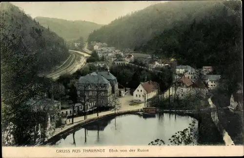 Ak Tharandt im Erzgebirge, Blick von der Ruine, Eisenbahnschienen, Gewässer