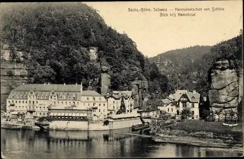 Ak Hřensko Herrnskretschen Elbe Reg. Aussig, Stadtansicht, Blick ins Kamnitztal