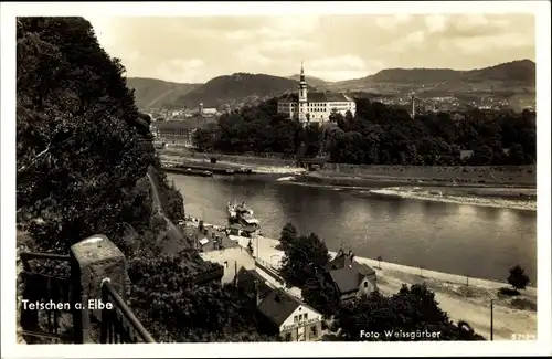 Ak Děčín Tetschen an der Elbe Region Aussig, Teilansicht mit Elbe