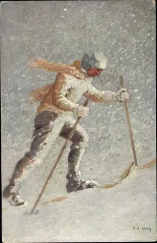 Künstler Ak Hron, F. K., Skiläufer, Schneesturm