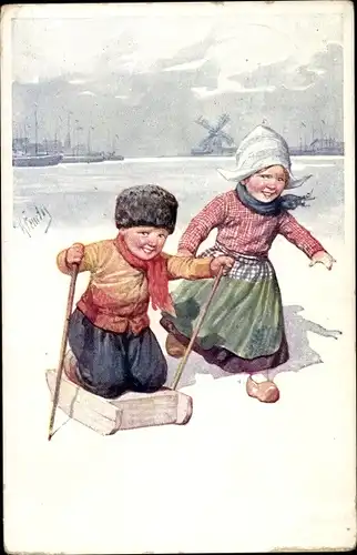 Künstler Ak Feiertag, Karl, Kinder in niederländischer Tracht, Schlitten, Windmühle