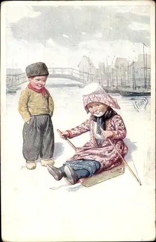 Künstler Ak Feiertag, Karl, Kinder in niederländischer Tracht, Brücke, Schlitten