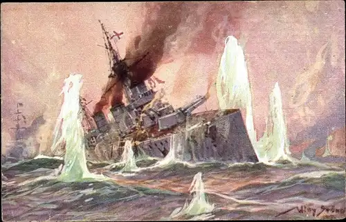 Künstler Ak Stöwer, Willy, Seegefecht Nordsee 1915, Englischer Schlachtkreuzer, deutsche Kreuzer