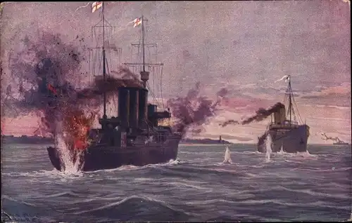 Künstler Ak Schulze, Hans Rudolf, Deutsches Kriegsschiff, Königin Luise, Englischer Minensucher